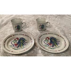 Vintage Century Stoneware SUNRISE ROOSTER 2 Salad Plates 2 Coffee Cups